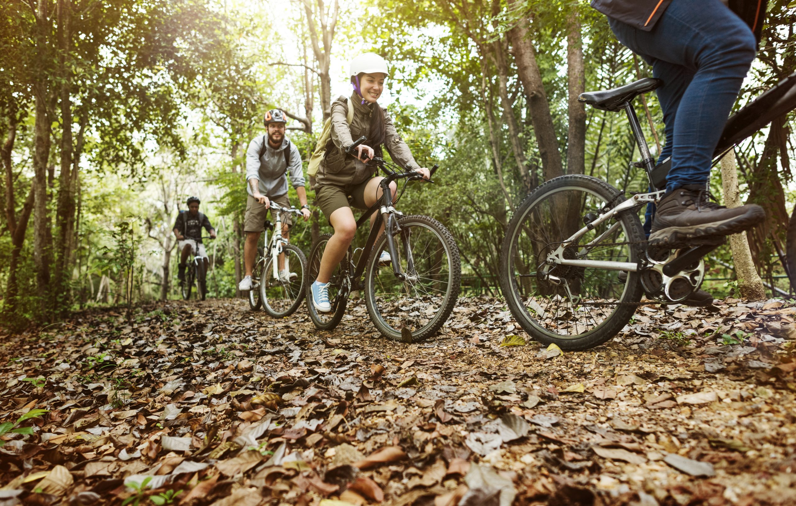 Group of friends ride mountain bike in the forest together iwaycode vision